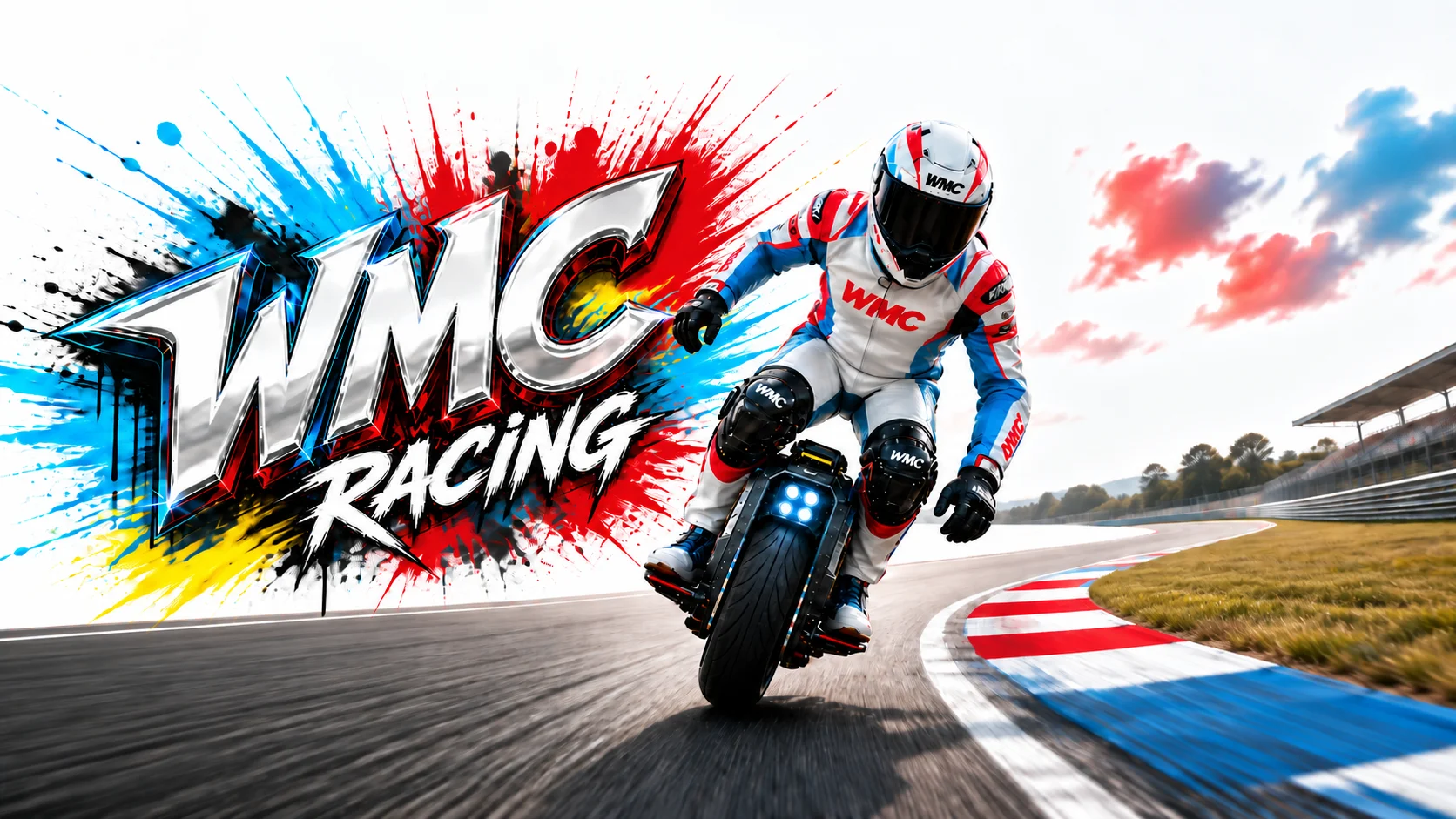 WMC Racing : pilote de gyroroue en tenue blanche, rouge et cyan sur circuit, identité chrome et graffiti.